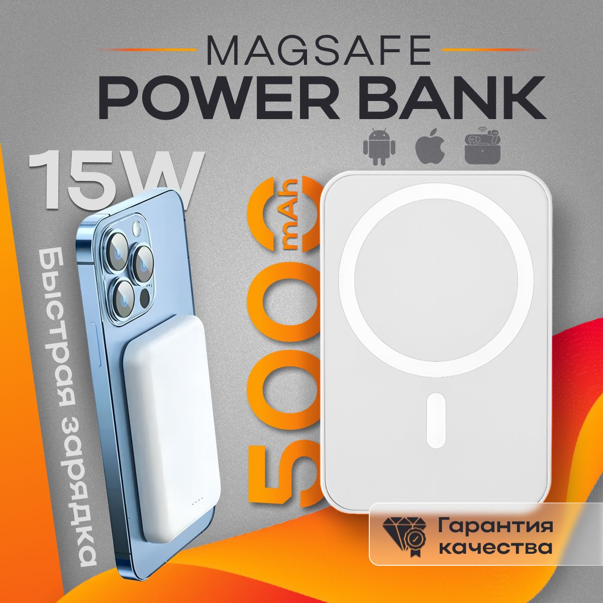 ВнешнийаккумуляторповербанкPowerbankMagSafe,5000мАч,быстраябеспроводнаязарядка,магнитныйпауэрбанк,белый