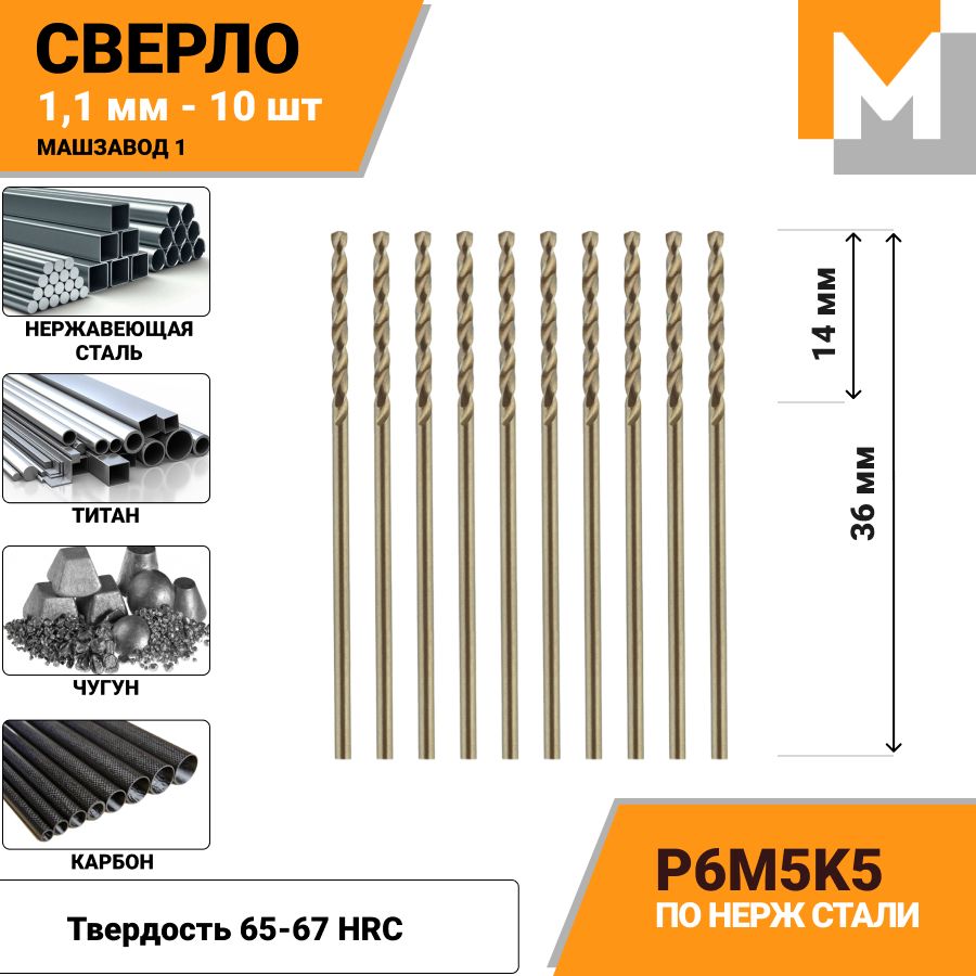 Сверлопометаллу1.1мм-10шт.Р6М5К5кобальтовоеМАШЗАВОД1