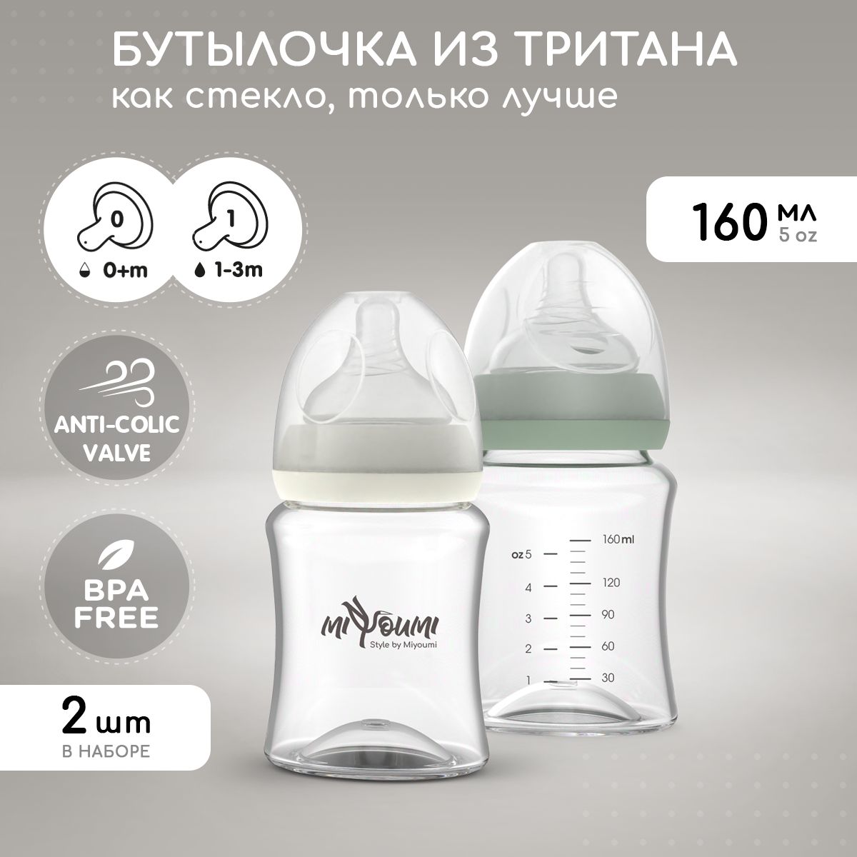 Бутылочка для кормления Miyoumi 160мл, 0мес.+, антиколиковая 2шт