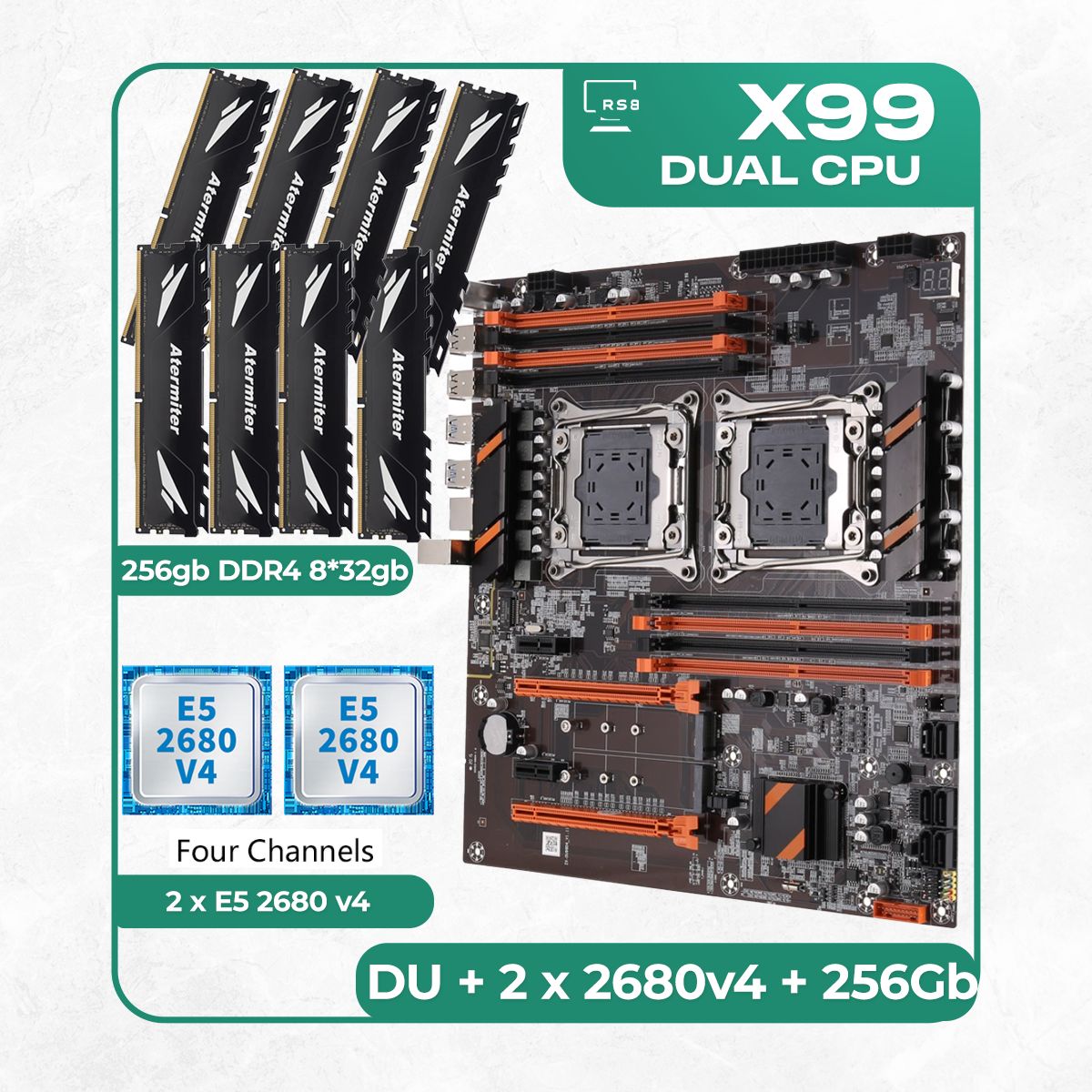 Kllisre Материнская плата Комплект материнской платы X99: ZX-DU99D4 + 2 x Xeon E5 2680v4  + DDR4 256Гб Atermiter 3200Mhz  8х32Гб