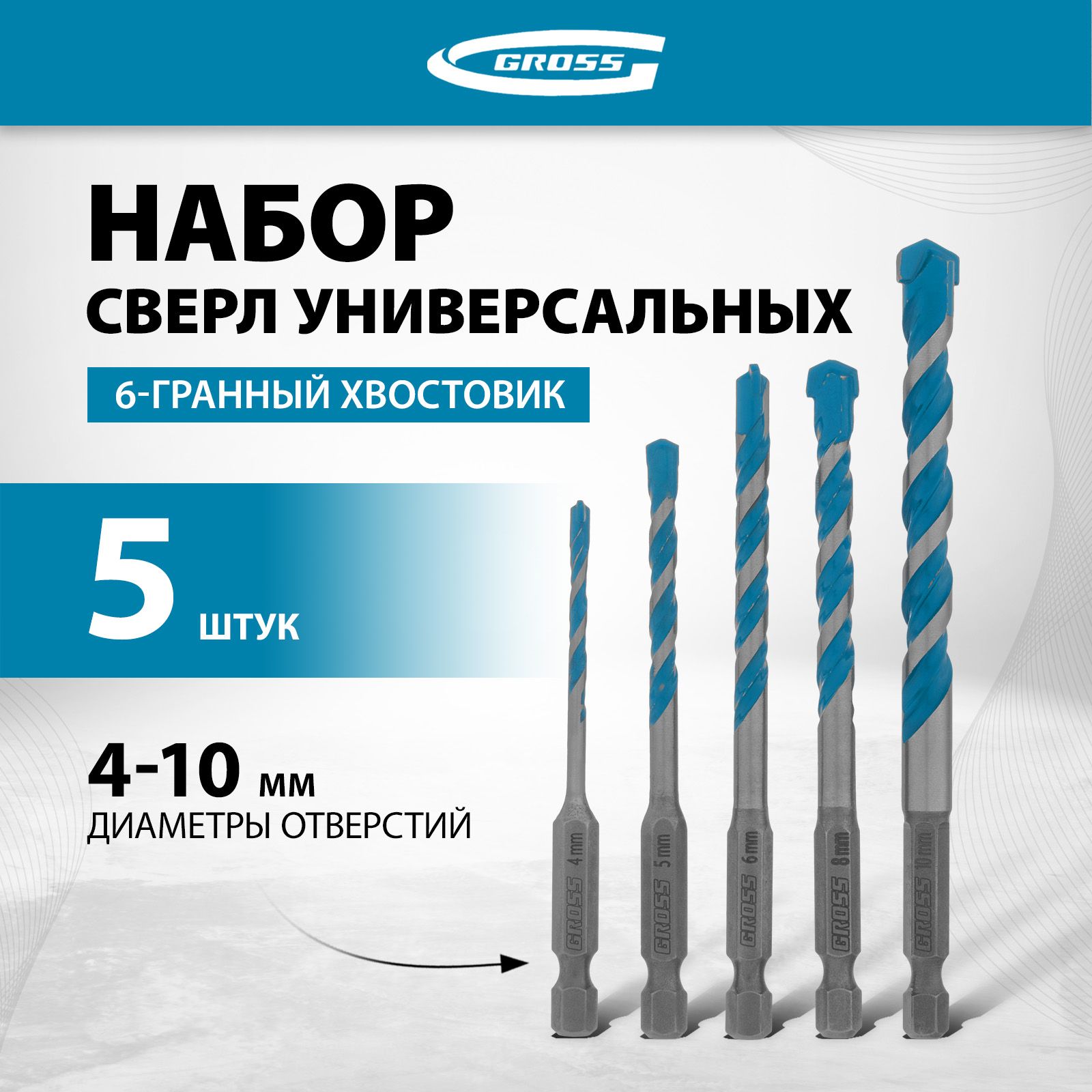 НаборсверлпометаллуGROSS,MultipurposePRO,универсальные4-10мм,5штук,шестигранныехвостовики,высоколегированнаястальитвердыйсплав,706017