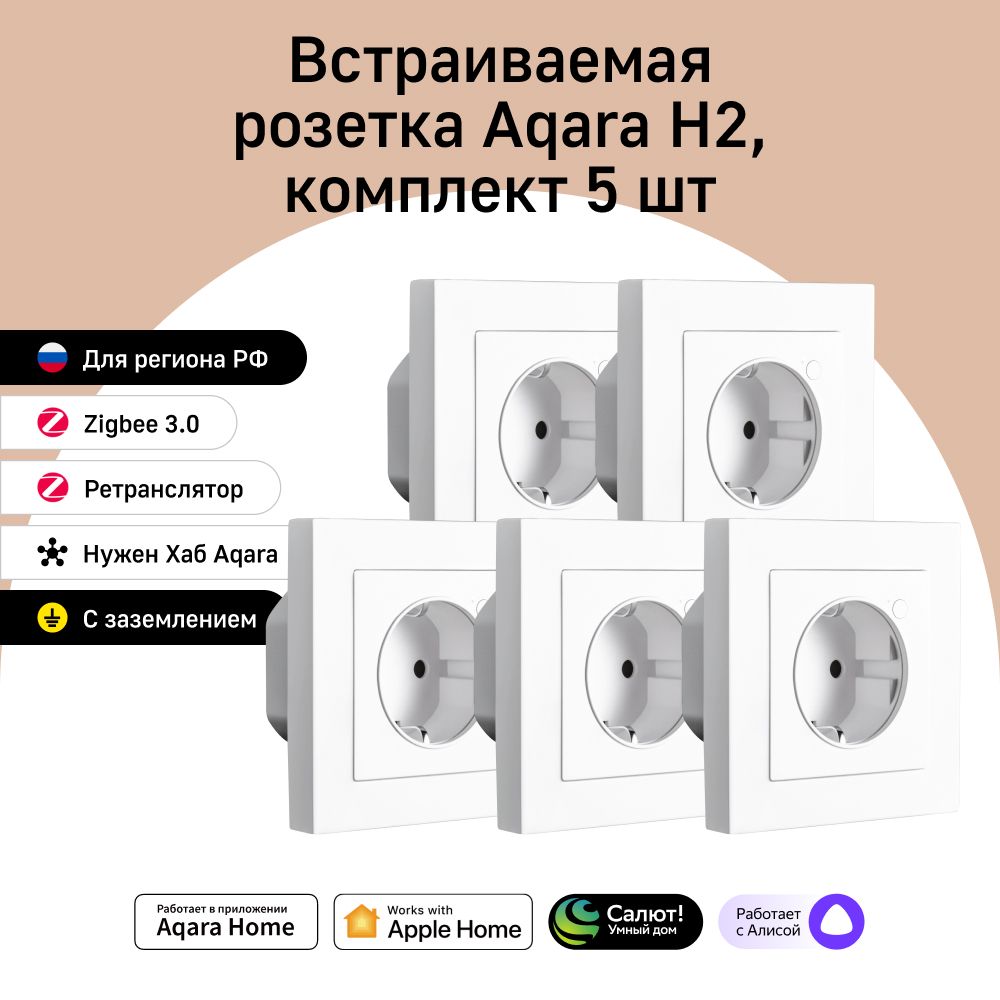 Комплект умных встраиваемых розеток Aqara H2 WP-P01D, умный дом, 5 штук, белый