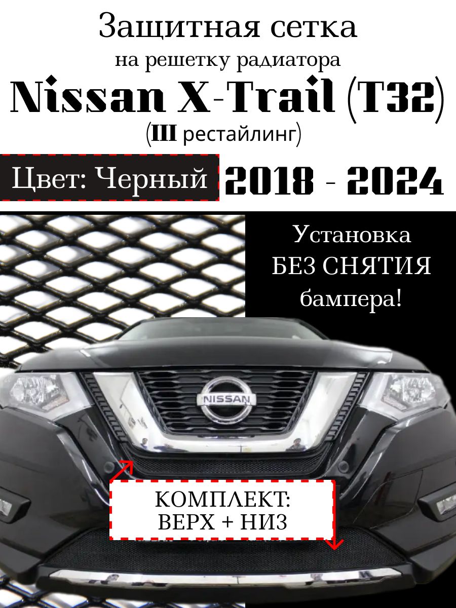 Защита радиатора Nissan X-Trail 2018-2024 верхняя и нижняя решетка (черного цвета,защитная решетка для радиатора)