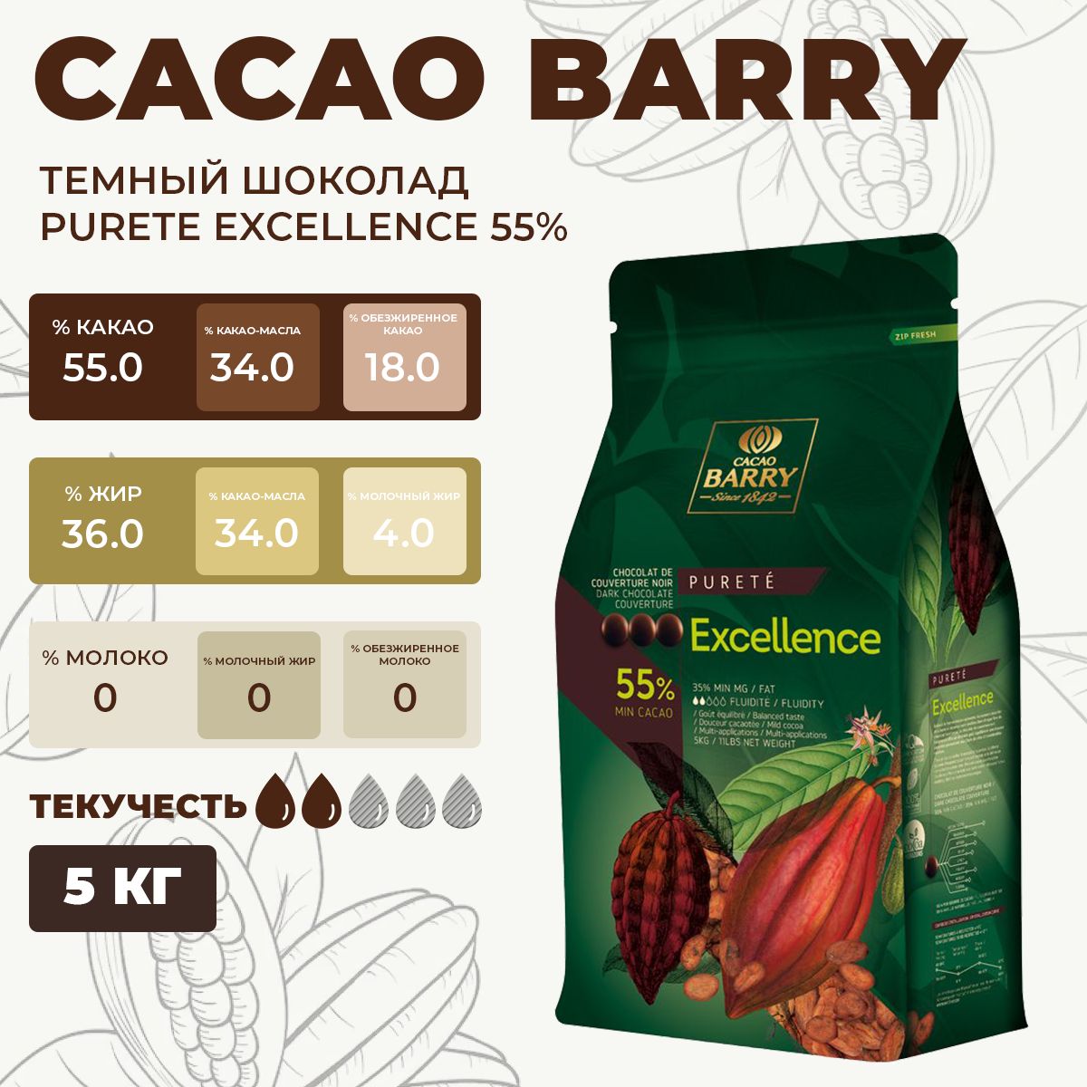 Темный шоколад 55% Excellence Cacao Barry (Франция), 5 кг