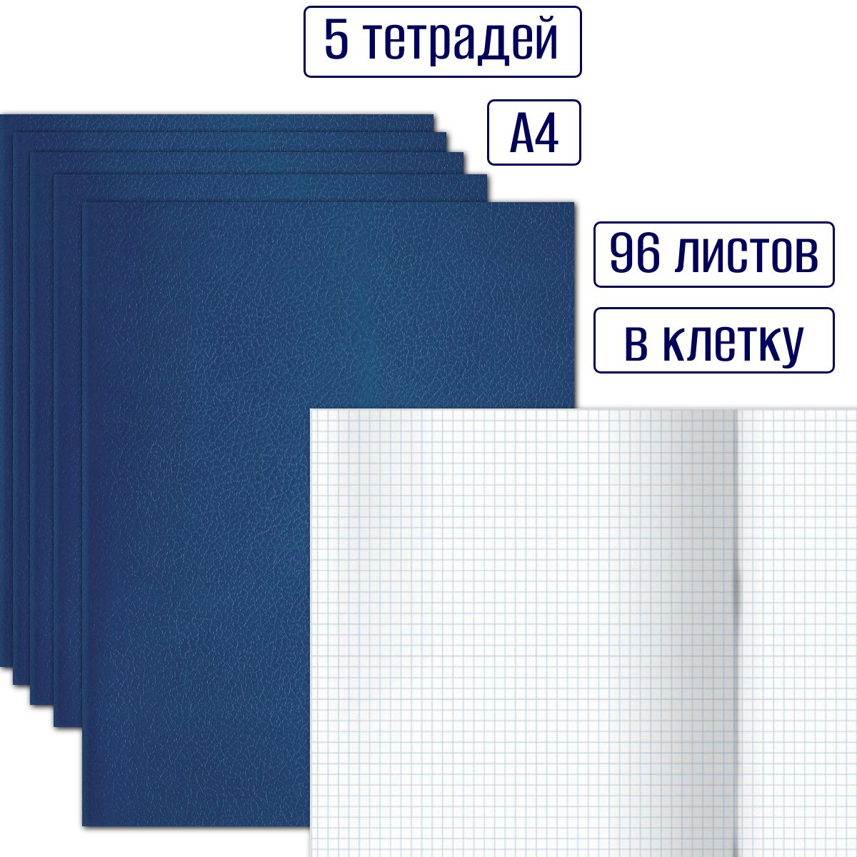 Набор тетрадей 5 штук, 96 листов, формат А4, в клетку, обложка бумвинил синяя