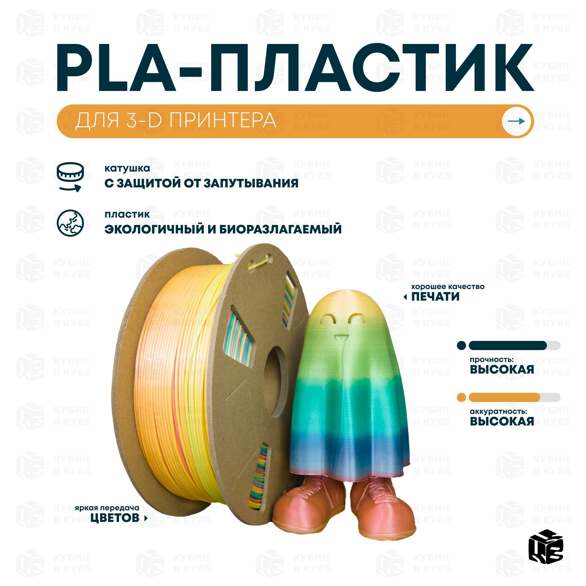 PLAпластик(FilamentПруток)для3DпринтераРазноцветный(Rainbow)1KG(1,75мм)