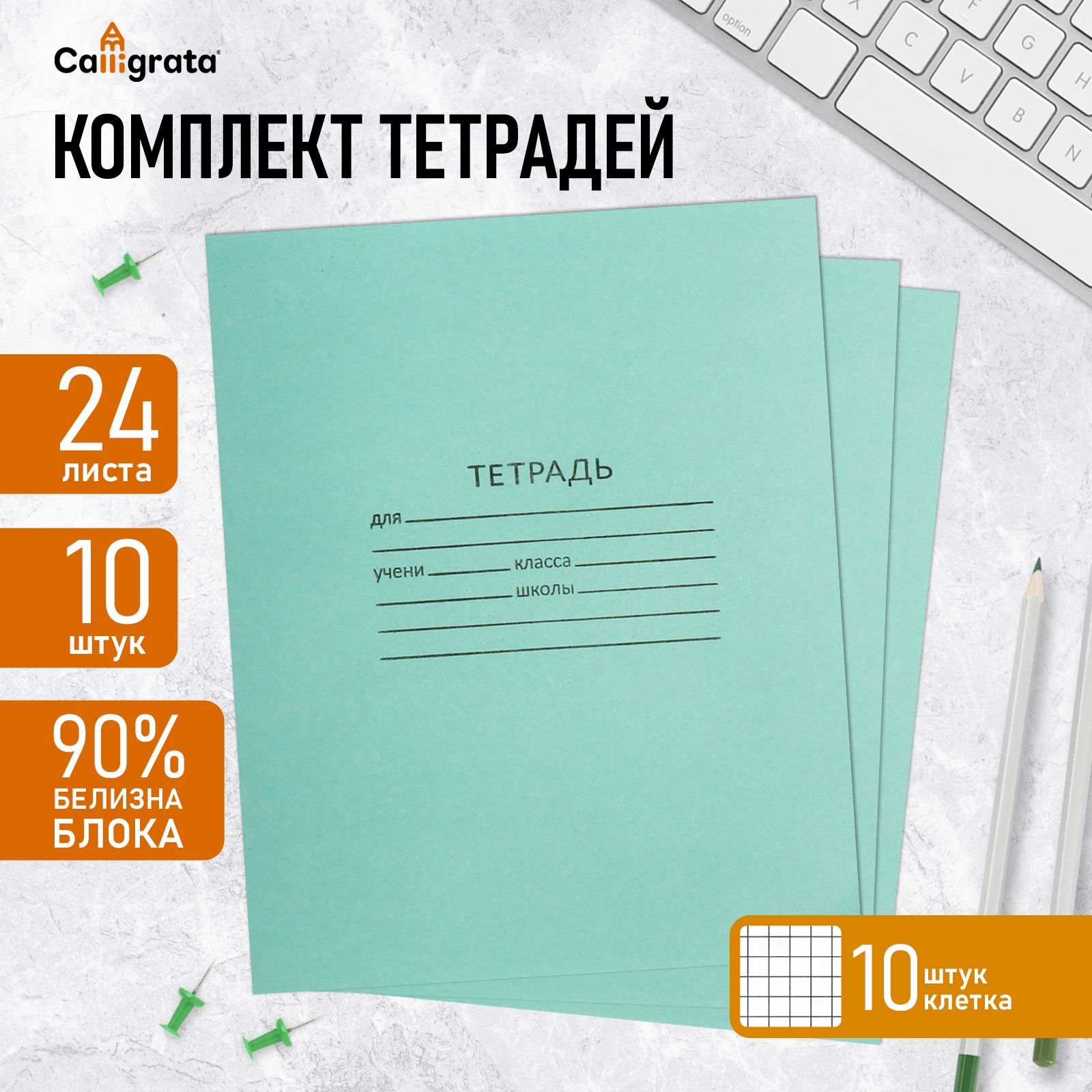 Комплект тетрадей из 10 штук, 24 листа в клетку КПК "Зелёная обложка", блок офсет, 58-62 г/м2, белизна 90%