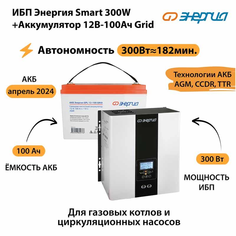 ИБПЭнергияSmart300W+Аккумулятор12v-100ahGrid(300Вт-182мин)