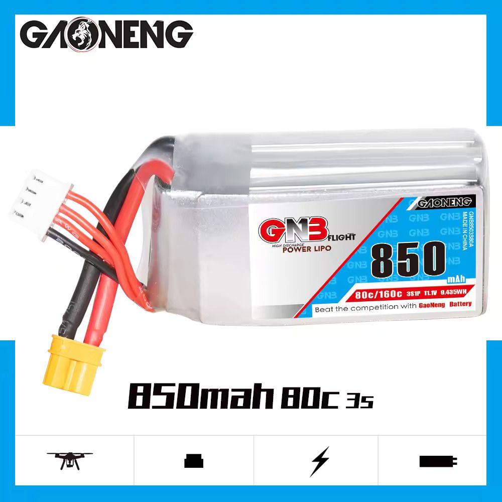 Аккумулятор Li-po GNB 850mah 3S1P 11.1V 80C 24x30x63mm XT30