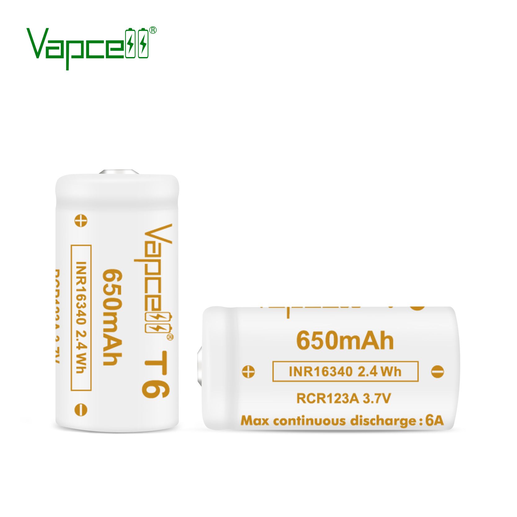 АккумуляторVapcellINR16340T6650Mah6Aвыпуклыйплюс,2шт.