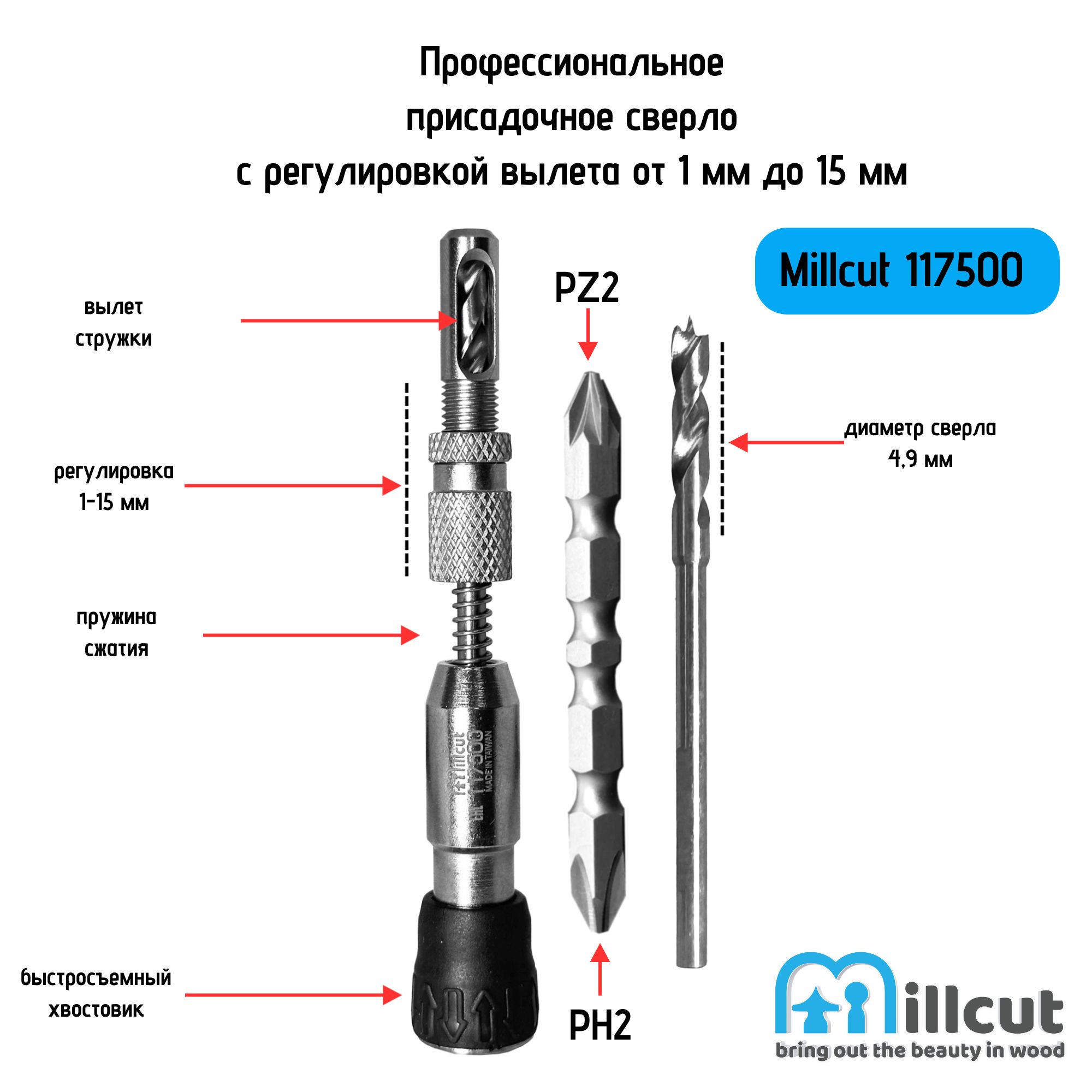 CамоцентрирующеесяприсадочноесверлоD4,9L110сточнойрегулировкойвылетасверла1-15ммMillcut117500