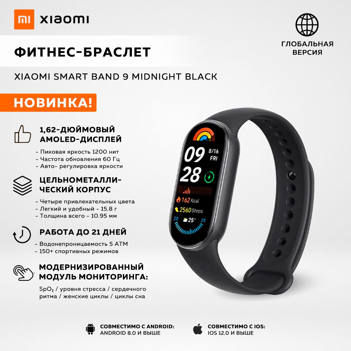 ФитнесбраслетXiaomiSmartBand9MidnightBlack,черный/модель:M2345B1/BHR8337GLглобальнаяверсия