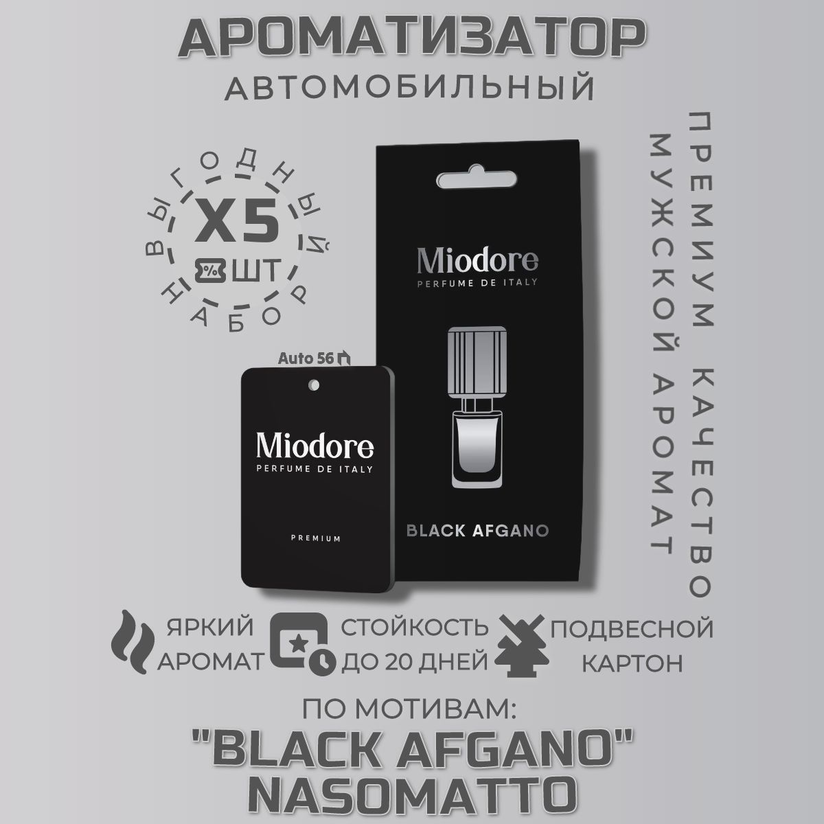 Miodore Ароматизатор автомобильный, Набор 5ШТ "BLACK AFGANO" NASOMATTO Автопарфюм мужской