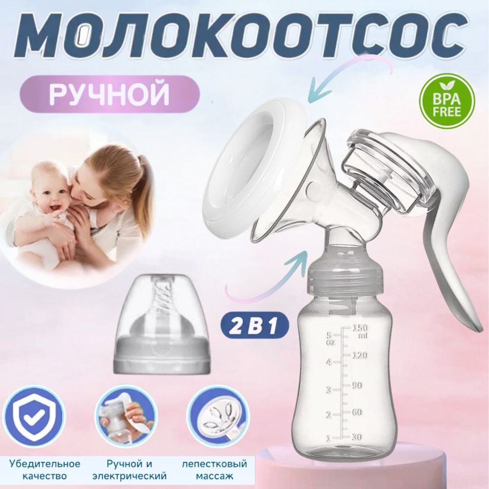 Молокоотсос ручной, с бутылочкой для сцеживания молока,подарок маме на рождение ребенка