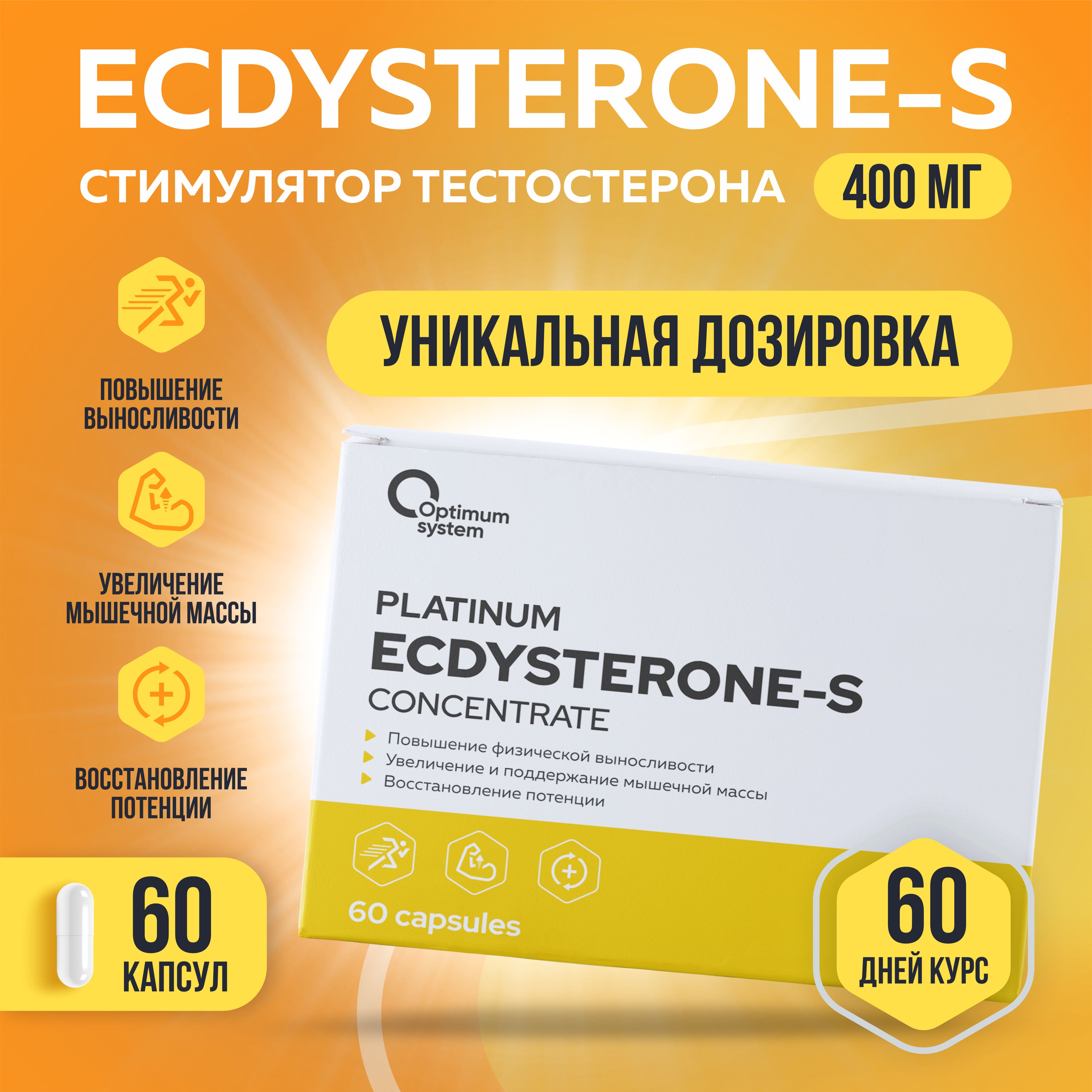 Экдистерон 400 мг 60 капсул, Optimum System Ecdysterone-S Concentrate, Стимулятор тестостерона, повышает физическую выносливость, восстанавливает потенцию