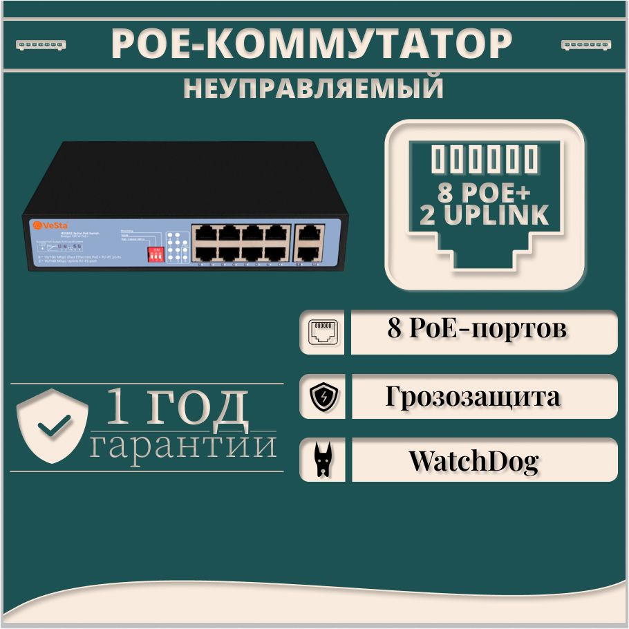 Коммутаторнеуправляемый(свитч)8PoE+2Uplink,черный