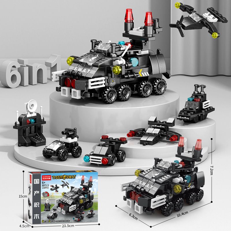 Строительные блоки Lego, мелкие частицы, военный авианосец, танк, специальный полицейский механизм, шесть в одном