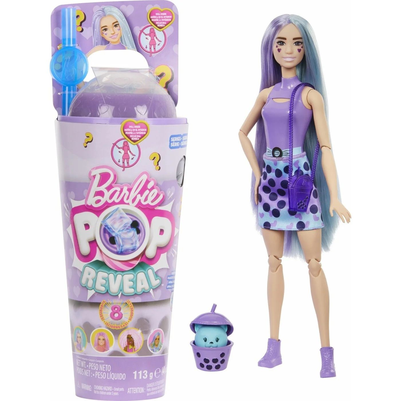 Кукла Barbie Pop Reveal Bubble Tea Series "Барби Модница и Набор Аксессуаров с 8 Сюрпризами", фиолетовая, HTJ19