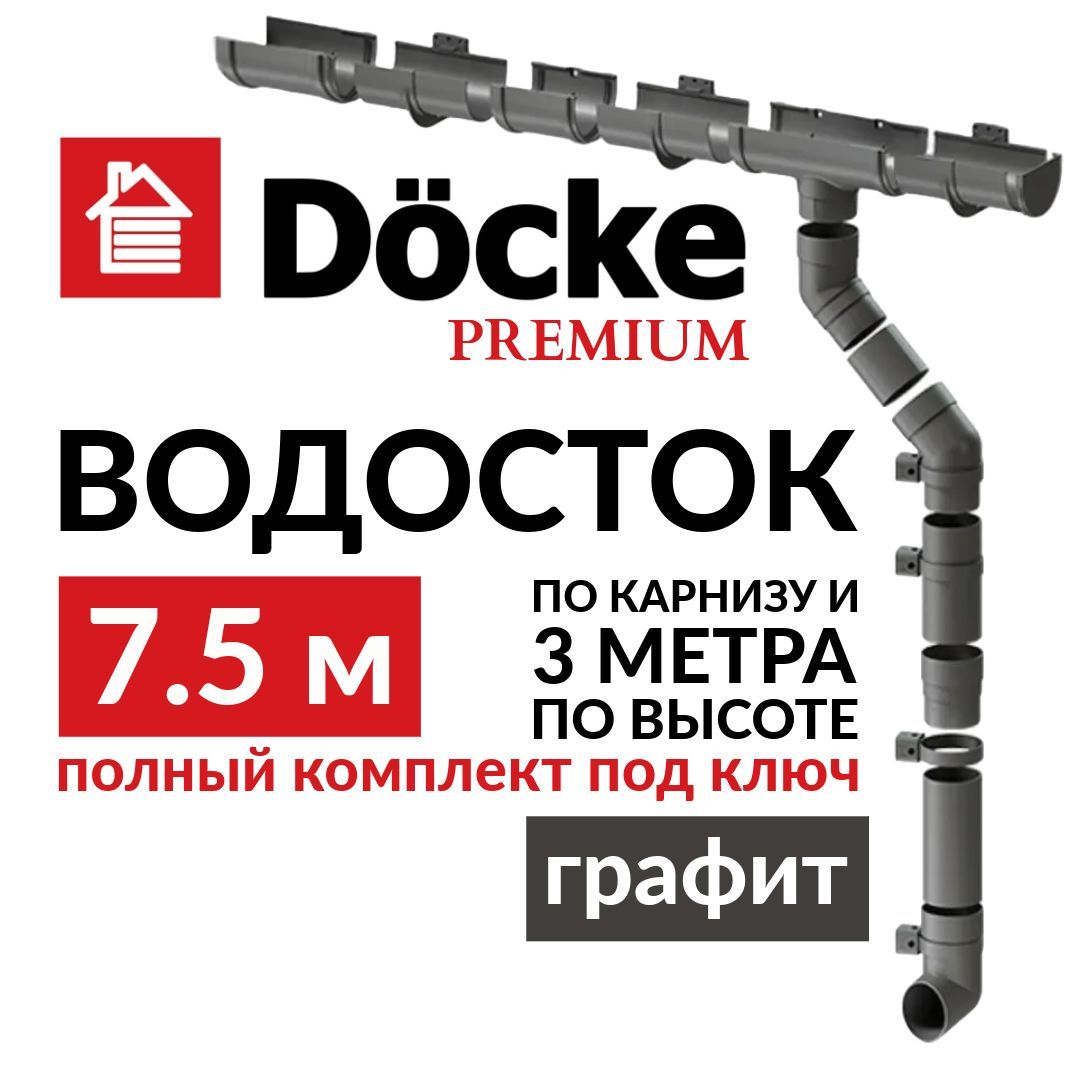 Водосточная система, Docke Premium, 7,5м/3м, RAL 7024, цвет графит, водосток на крышу дома пластиковый.