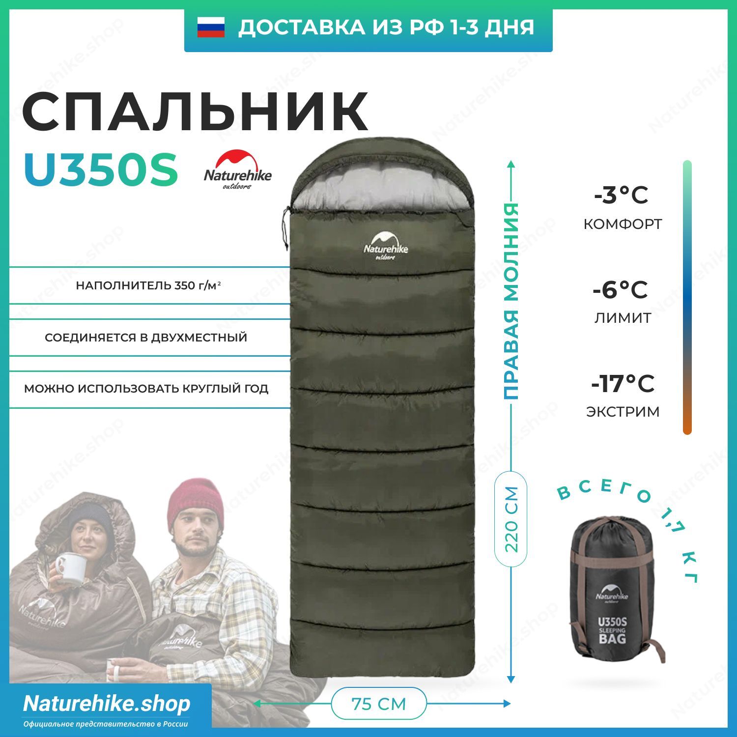 Спальный мешок Naturehike u350s / до -17C, вес 1.7 кг, зеленый, молния справа / превращается в двухместный спальник