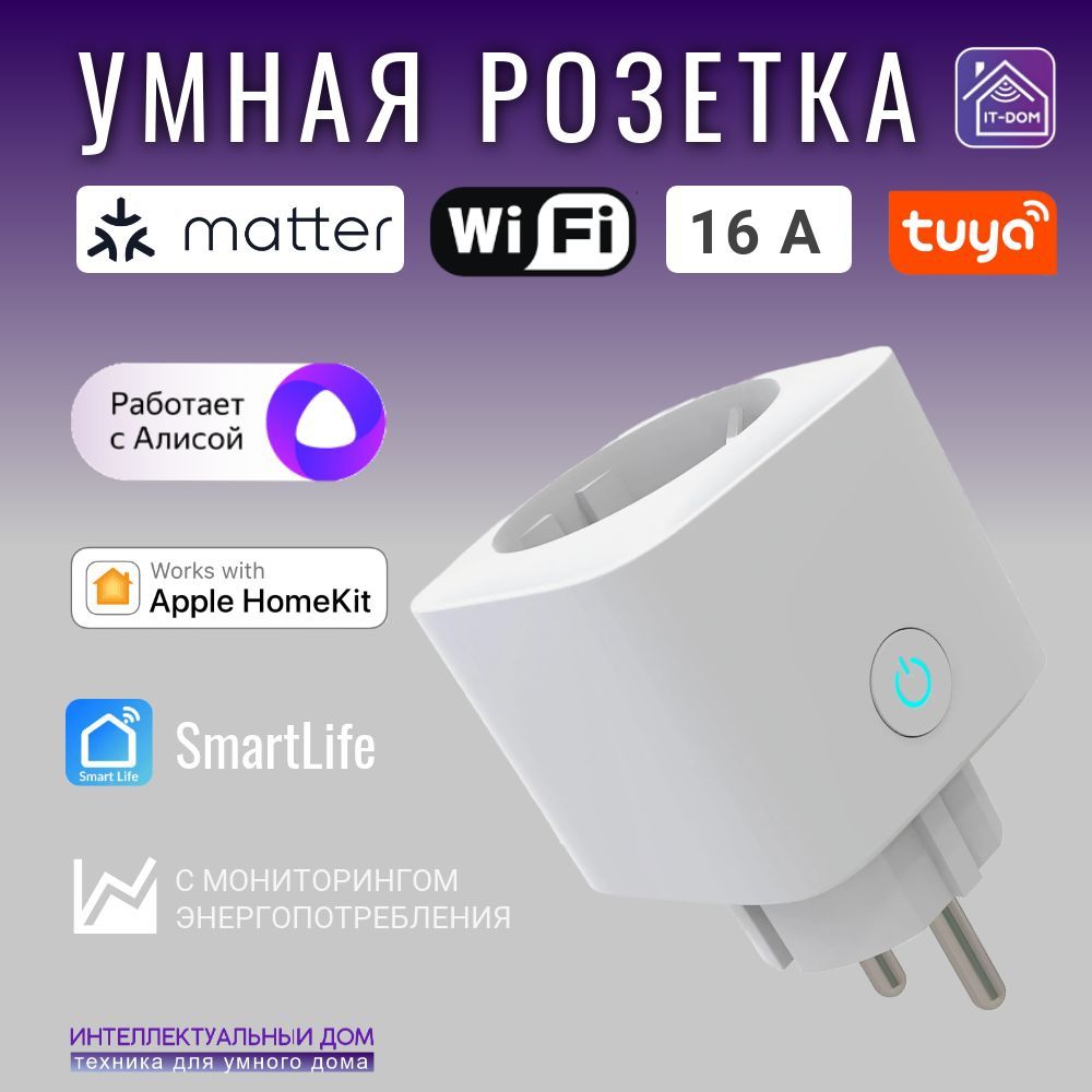 Умная розетка Matter 16А с мониторингом электроэнергии, Алиcа