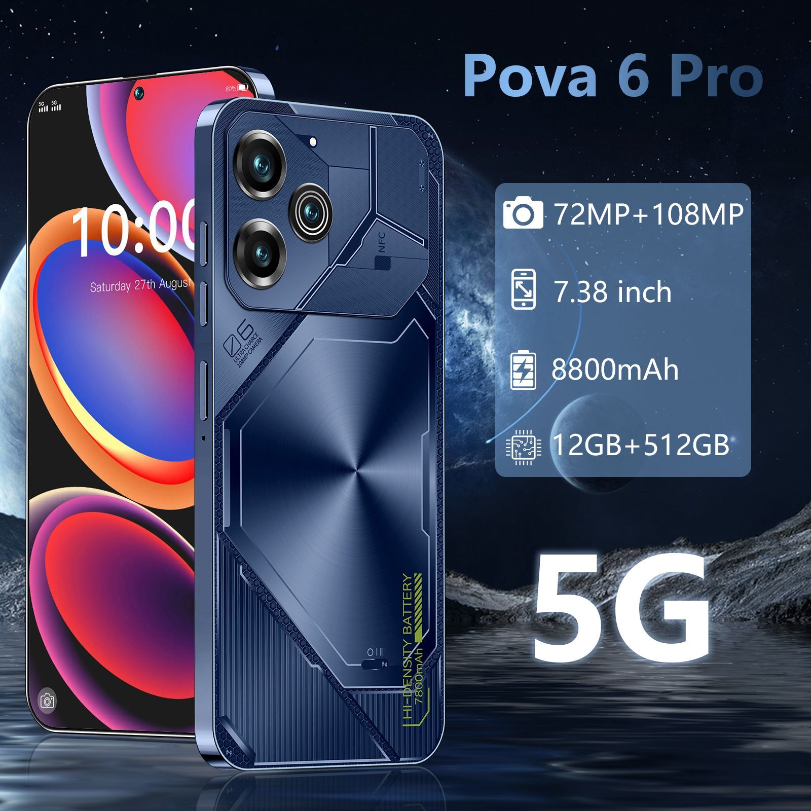 TecnoСмартфонНовейшийсмартфонPova6Pro,7,38-дюймовыйэкран,8800мАч,72+108Мп,ультралегкийразвлекательныйофисныйсмартфонCN12/512ГБ,черный