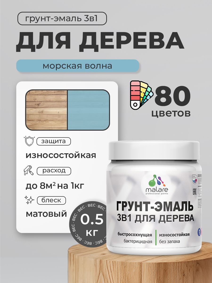 Акриловая Грунт-Эмаль 3 в 1 Malare для деревянных поверхностей с антисептическим эффектом, быстросохнущая, моющаяся без запаха матовая, морская волна, 0.5 кг