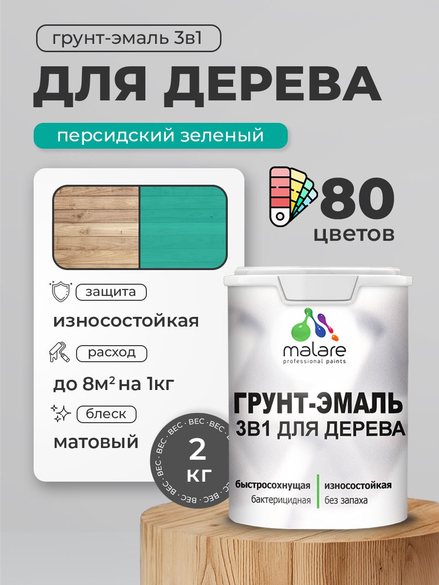 Акриловая Грунт-Эмаль 3 в 1 Malare для деревянных поверхностей с антисептическим эффектом, быстросохнущая, моющаяся без запаха матовая, персидский зеленый, 2 кг