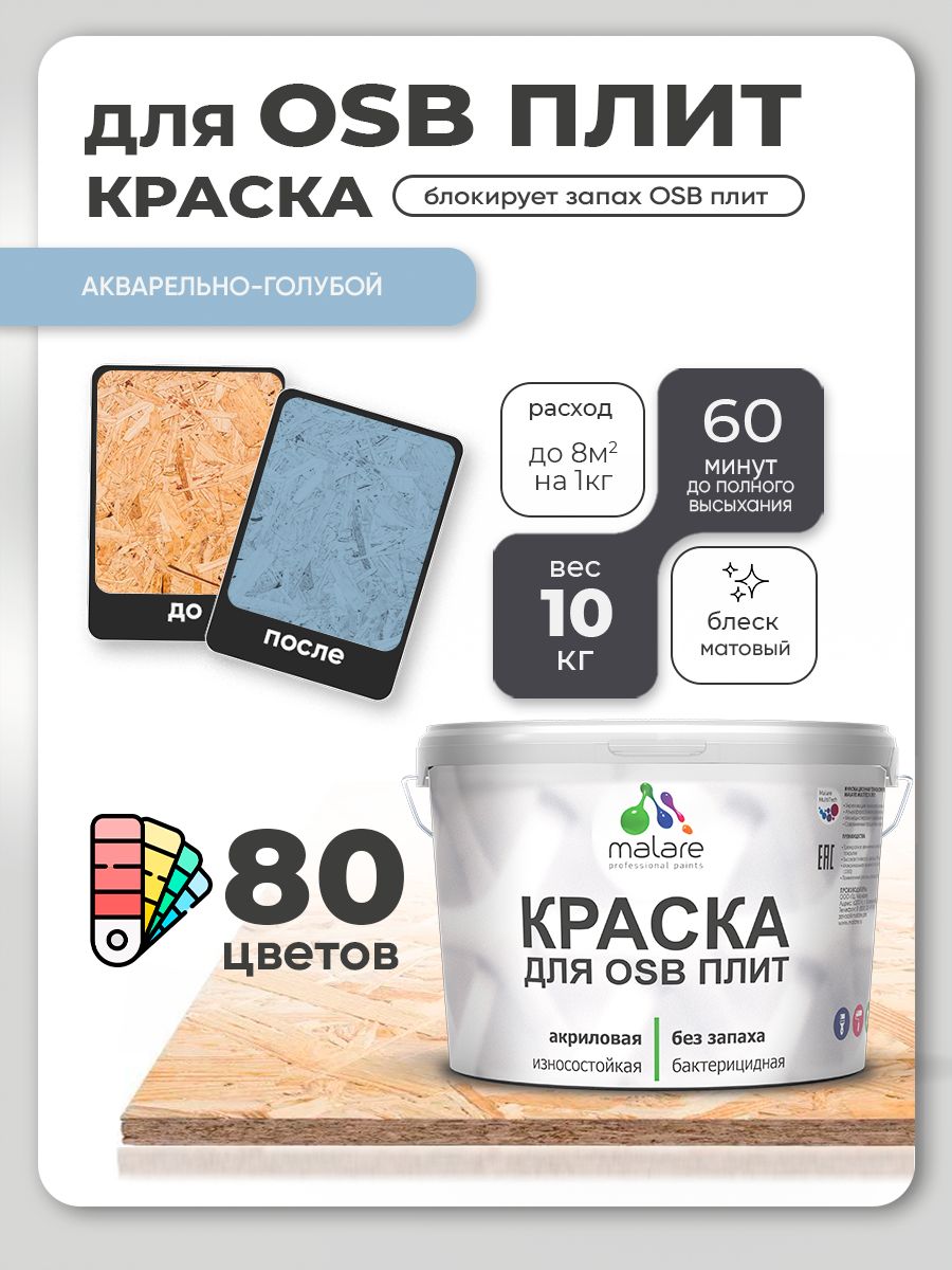 Акриловая краска для ОСБ плит Malare для дерева для наружных и внутренних работ, быстросохнущая без запаха матовая, акварельно-голубой, 10 кг