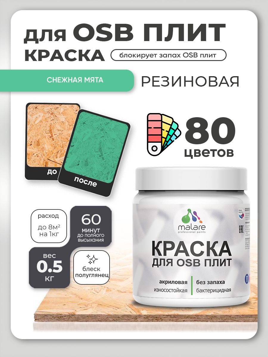 Резиновая краска для ОСБ плит Malare акриловая краска для дерева для наружных и внутренних работ, быстросохнущая без запаха полуглянцевая, снежная мята, 0.5 кг