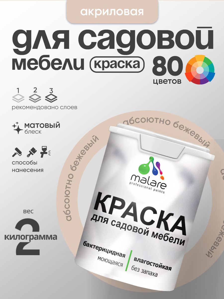 Акриловая краска Malare для садовой мебели/ по дереву, для наружных и внутренних работ/ быстросохнущая моющаяся без запаха матовая, абсолютный бежевый, 2 кг