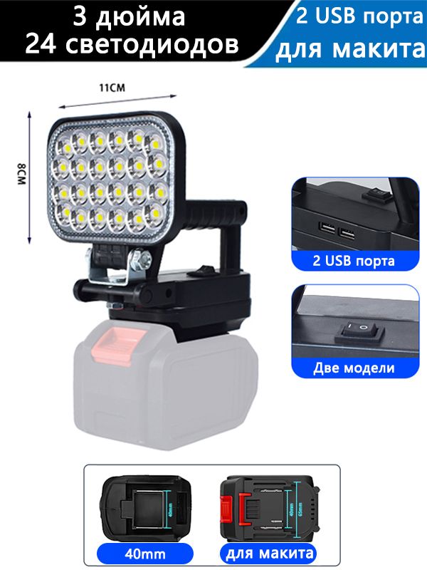 фонарьнааккумулятордлямакита18В,2портаusbдлязарядки,длякемпингаиаварийногоосвещения