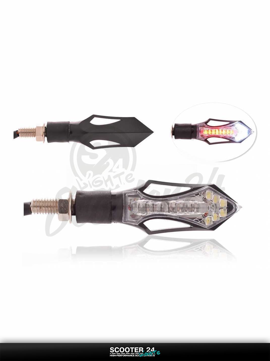 Повороты диодные стреловидные, 8 красных + 6 белых диодов (3 режима) M8 резба 8 мм универсальные на мотоцикл / мопед питбайк и скутер