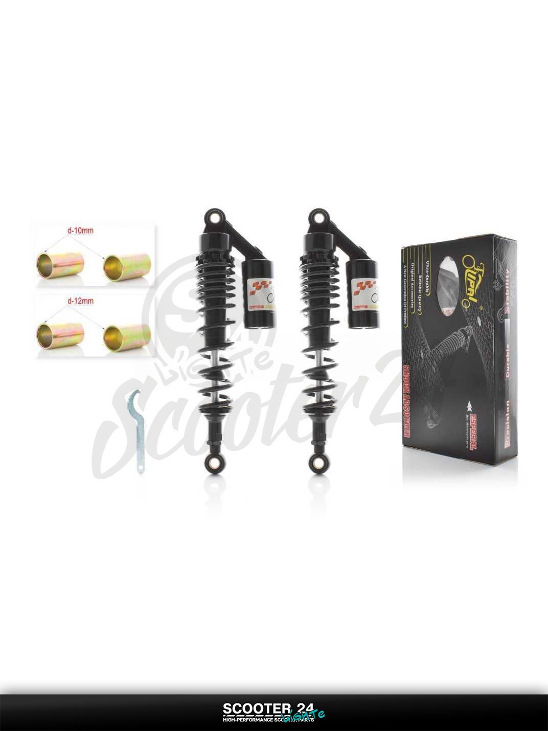 Амортизаторы задние на мопед и мотоцикл Delta 50-110 кубов / Альфа Дельта с двигателем 139FMA и 147FMH 345 мм газомаслянные, с подкачкой "LIPAI" (черные)