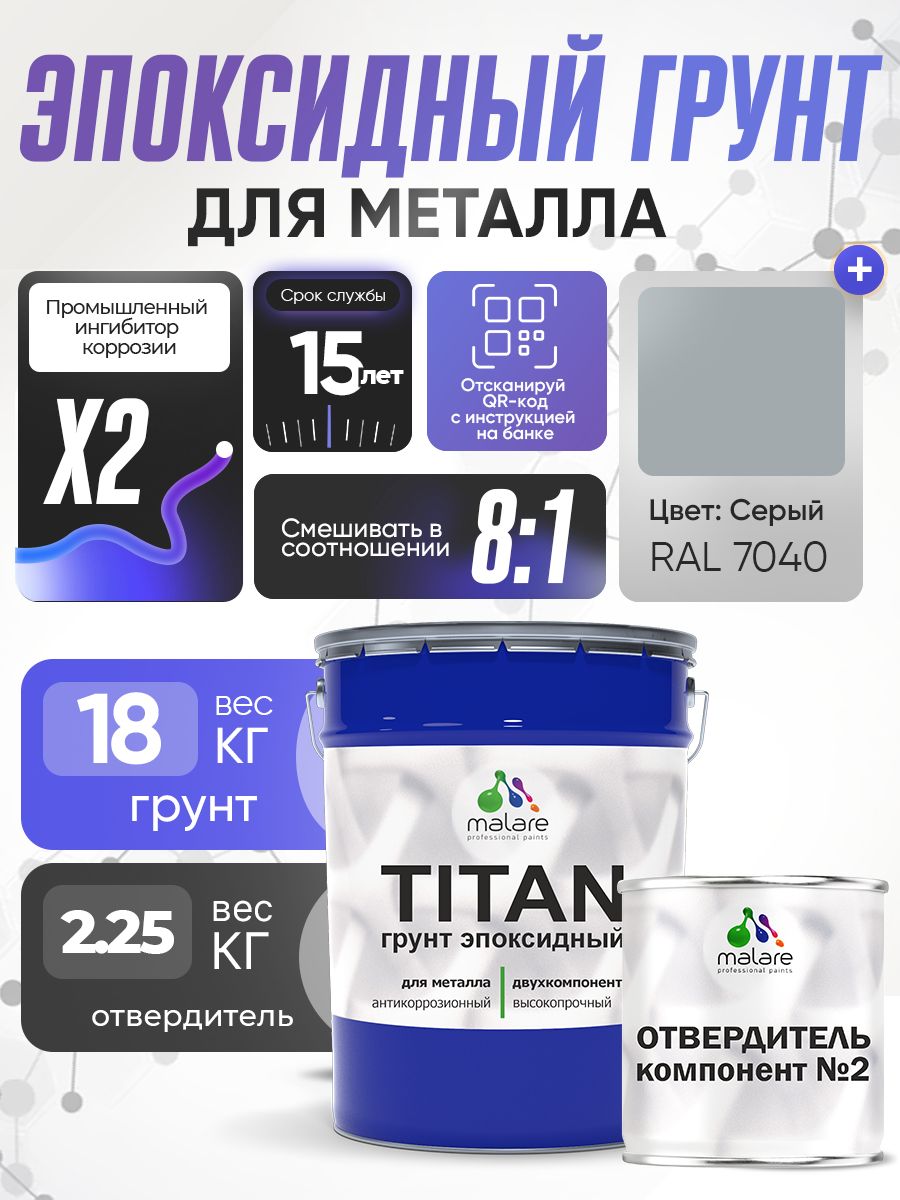 2К Грунт эпоксидный для металла TITAN Malare, двухкомпонентная грунтовка антикоррозионная высокопрочная, серый RAL 7040, 18 кг + 2,25 кг отвердитель