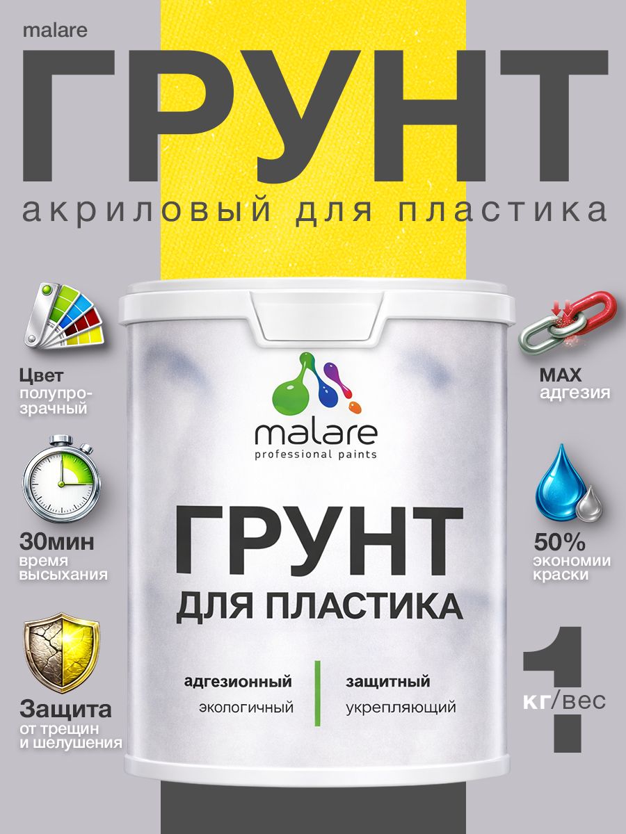 Грунт для пластика Malare акриловый адгезионный, без запаха быстросохнущий, полупрозрачный, 1 кг.