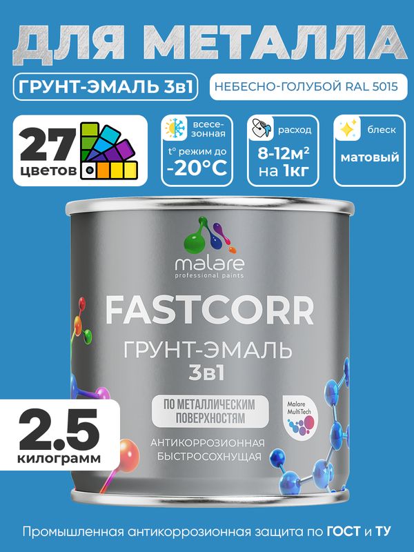 Грунт-эмаль по ржавчине 3 в 1 Malare FastCorr краска для металла, антикоррозионная износостойкая быстросохнущая RAL 5015, небесно-голубой, матовая, 2,5 кг.