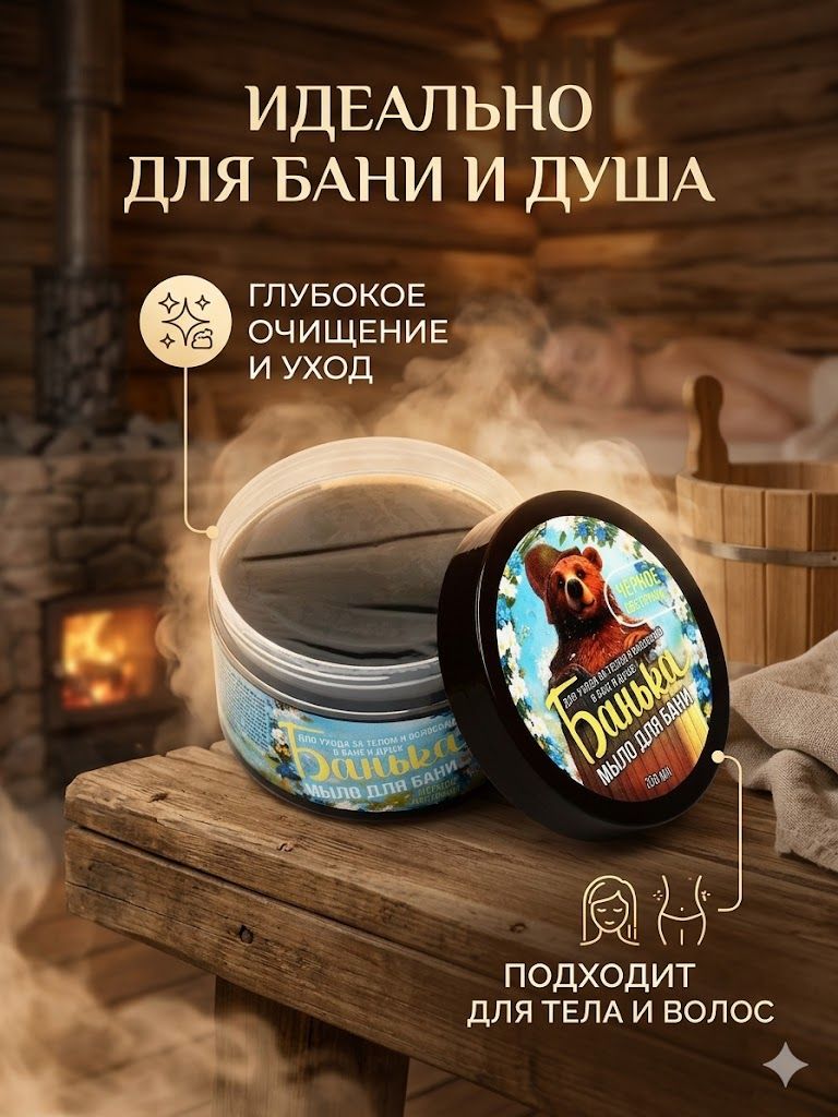 Мыло банное густое в банке черное, для тела и волос, 500 мл