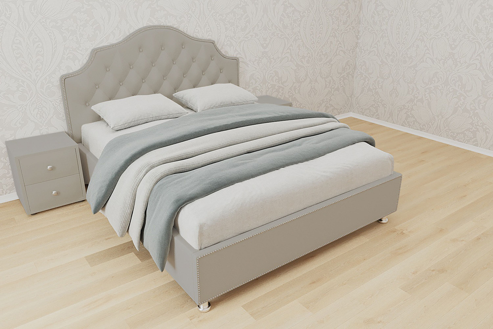 Двуспальная кровать Мария с кареткой 200x200 основание металлическое с ламелями велюр бежевый ножки 13 #1