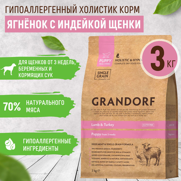 Корм для щенков всех пород grandorf, с ягненком и индейкой, 3 кг ...