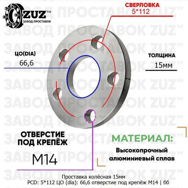 Проставка колёсная 1 шт 15мм 5*112 ЦО 66,6 без бортика отверстие под ...
