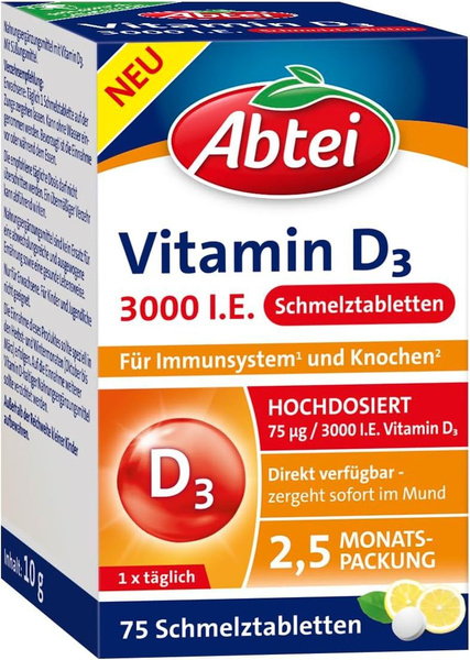 Витамин D3 Abtei 3000 МЕ, Vitamin D3 3000, 75 штук со вкусом лимона ...