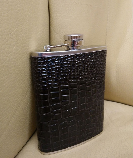 Фляжка плоская мужская 8 oz, вставка из кожи, нержавеющая сталь, фляга ...