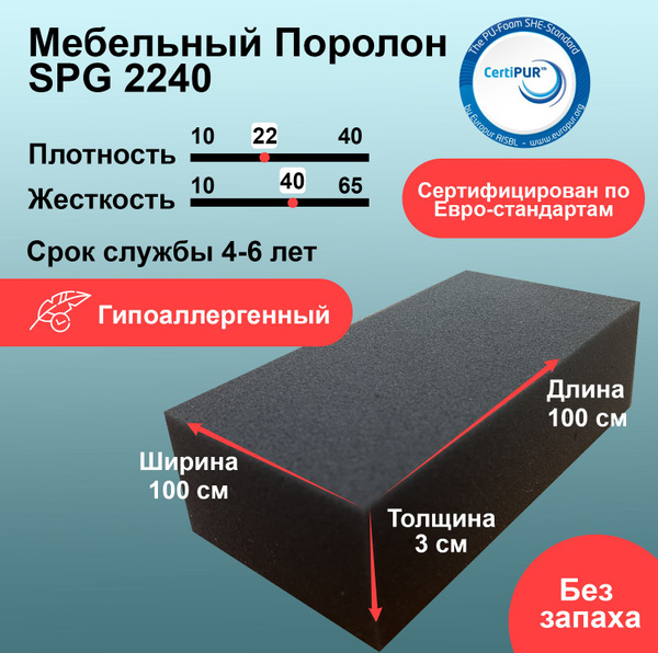 Поролон SPG 2240 лист 30x1000x1000мм графитового цвета, эластичный ...