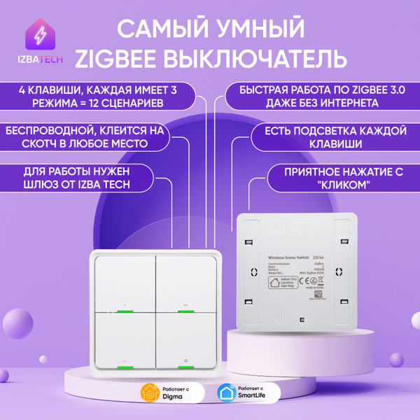Умный беспроводной четырехклавишный выключатель Zigbee на батарейках ...