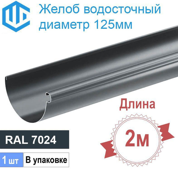 Желоб водосточный, металлический, темно серый Ral 7024, 2м, (1шт ...