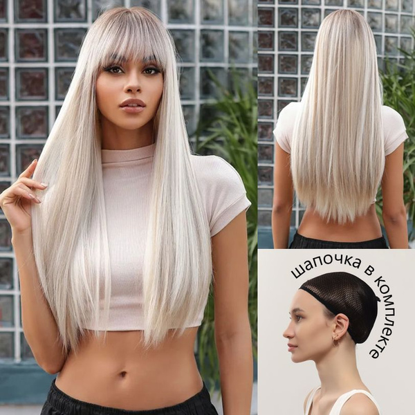 Парик, длинный блонд с челкой, затемненные корни, парики женские ...