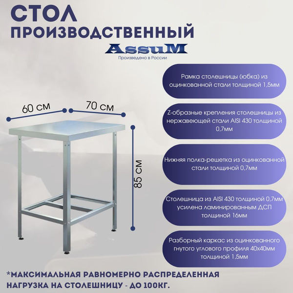 Стол из нержавеющей стали 600х700х850 без борта производственный для ...
