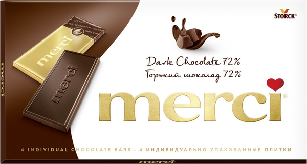 Merci, шоколад горький, 72% какао, произведено в Германии, 100г / Мерси ...