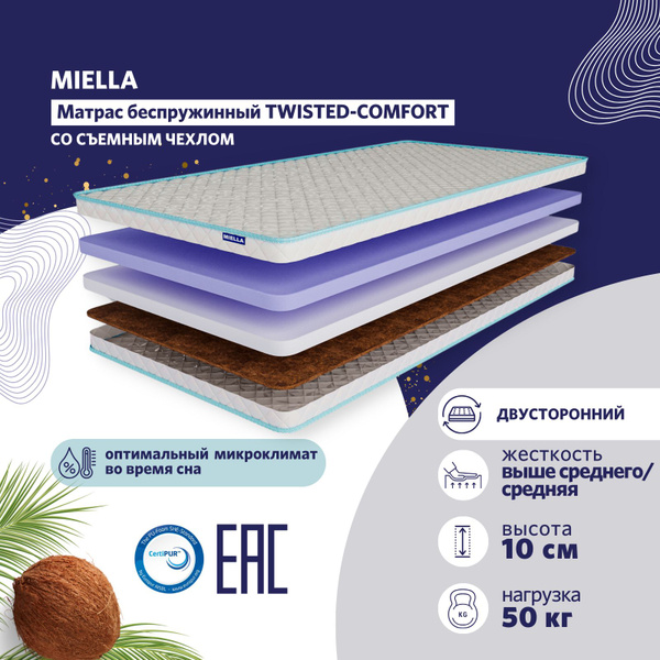 Матрас в кроватку MIELLA Twisted-Comfort Maxiтрикотаж, Беспружинный, 70 ...